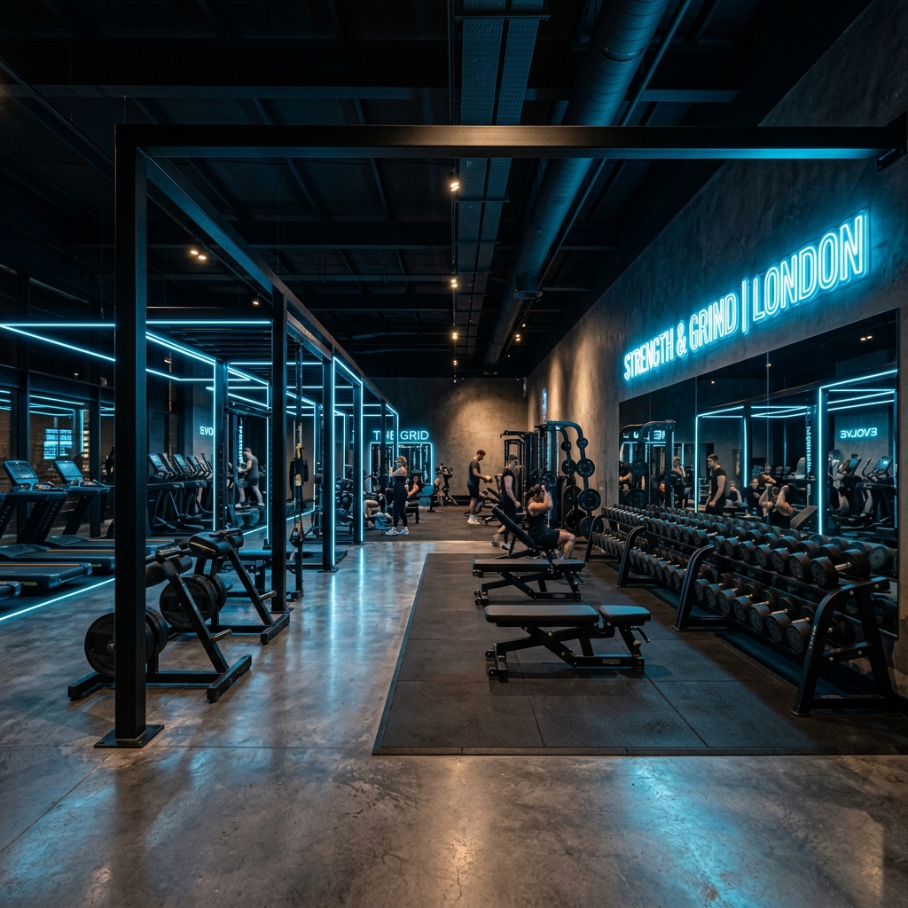 Modern luxury gym interior with state-of-the-art training equipment and neon blue lighting
